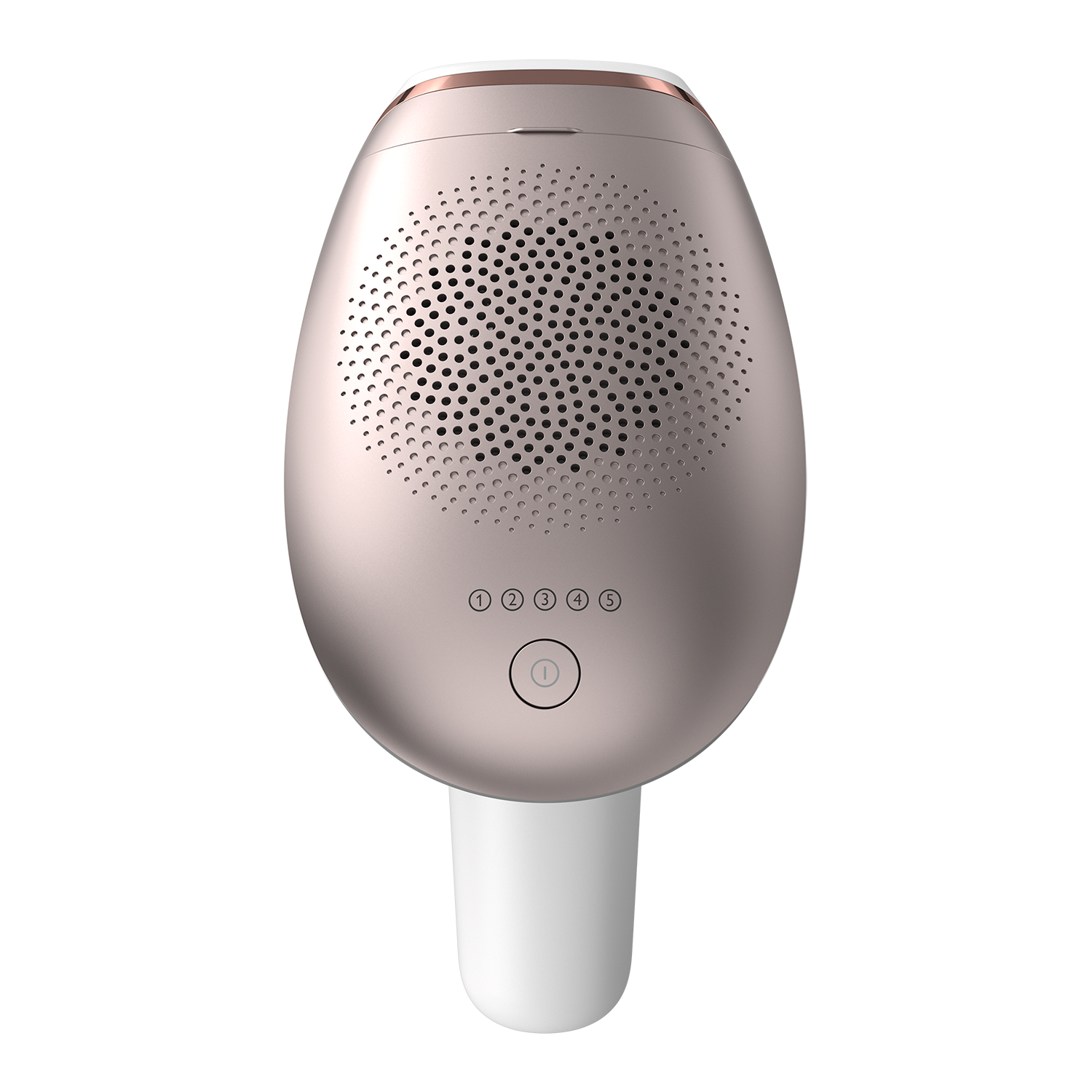 Rose gold IPL hair removal device, oval shape, with round perforations and control buttons.