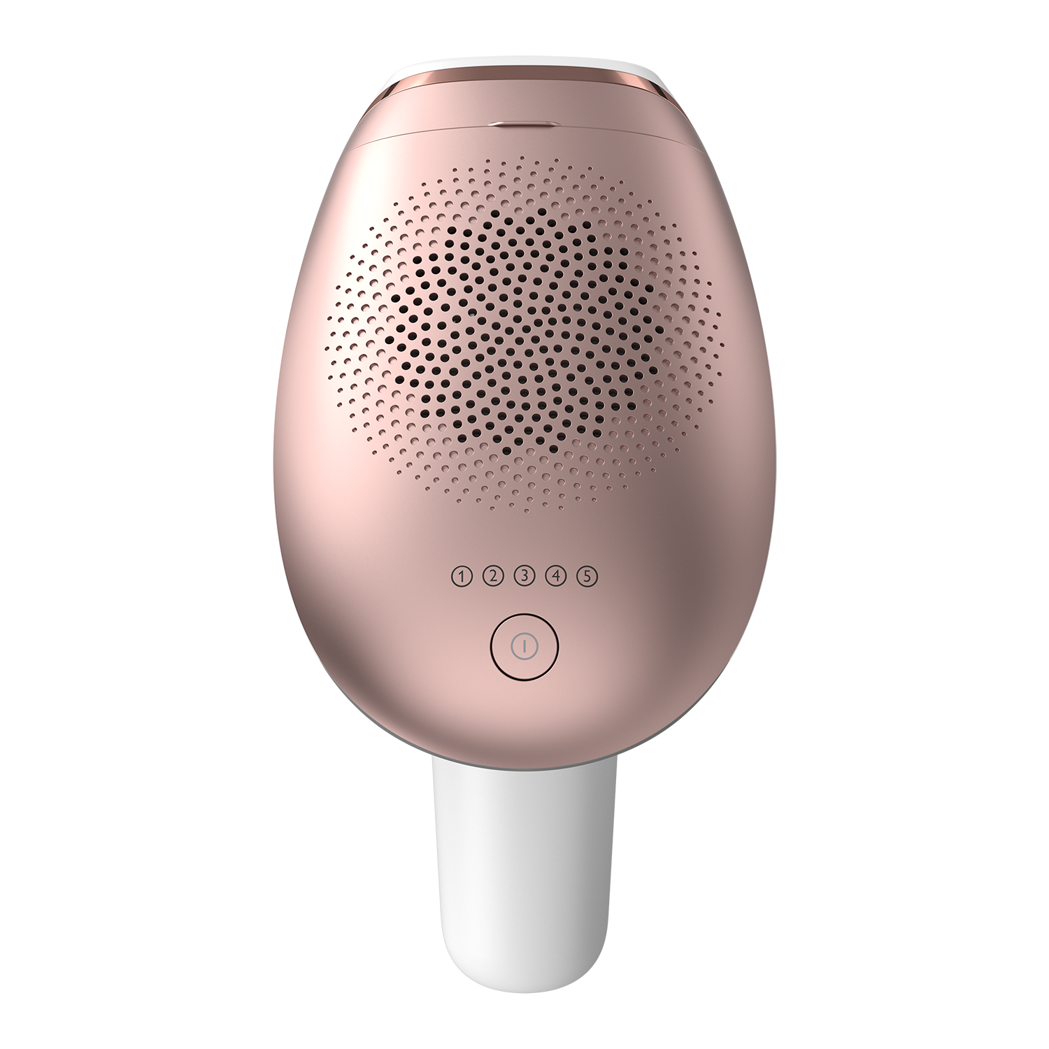 A rose gold hair removal device with five buttons and a white handle.