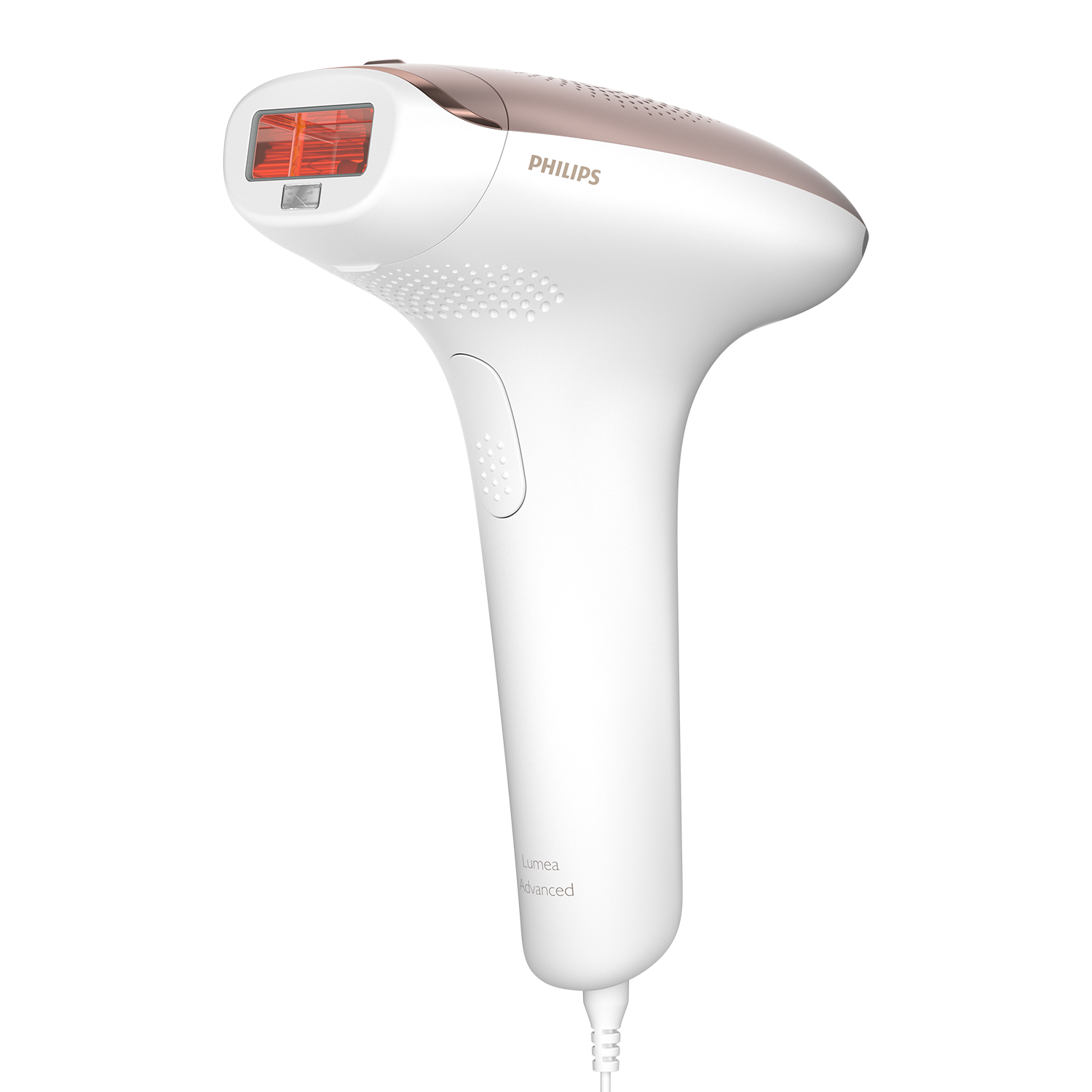A white and rose gold Philips Lumea hair removal device with a power cord.