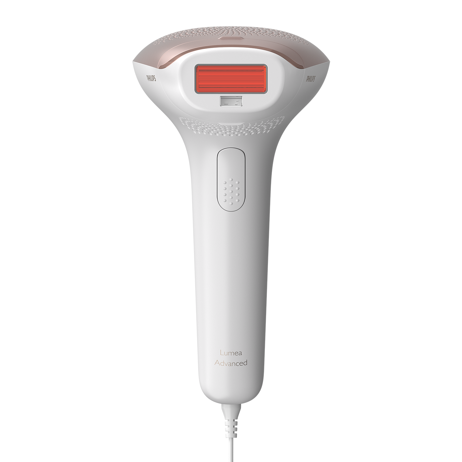 White and rose-gold hair removal device. It has a red light area and buttons.