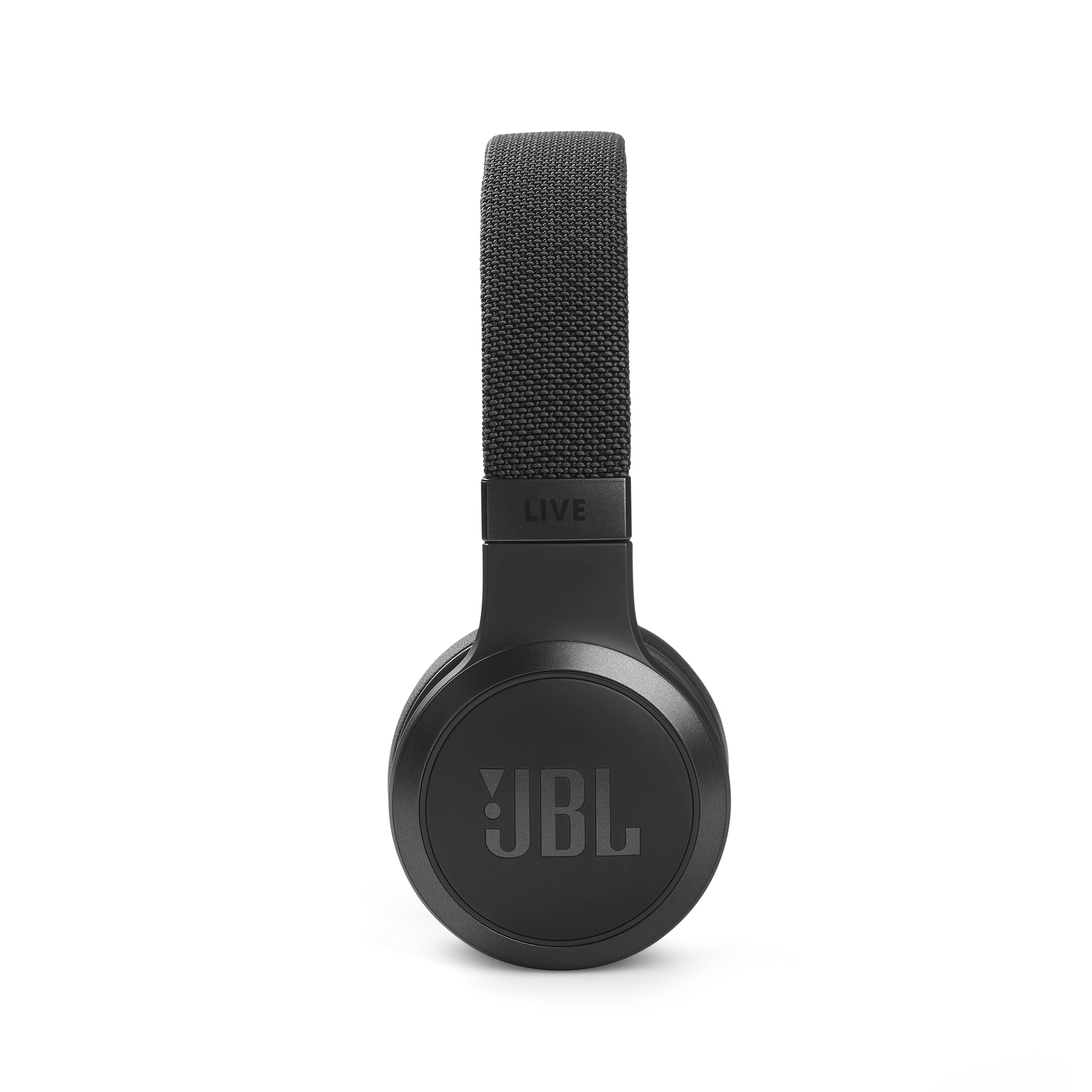 Schwarze JBL Live Kopfhörer mit schwarzem Bügel und JBL Logo.