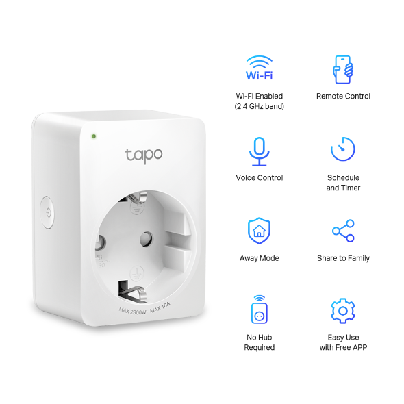 Ein weißer Smart-Stecker mit Tapo-Logo, daneben Symbole für WLAN, Fernbedienung, Sprachsteuerung etc.