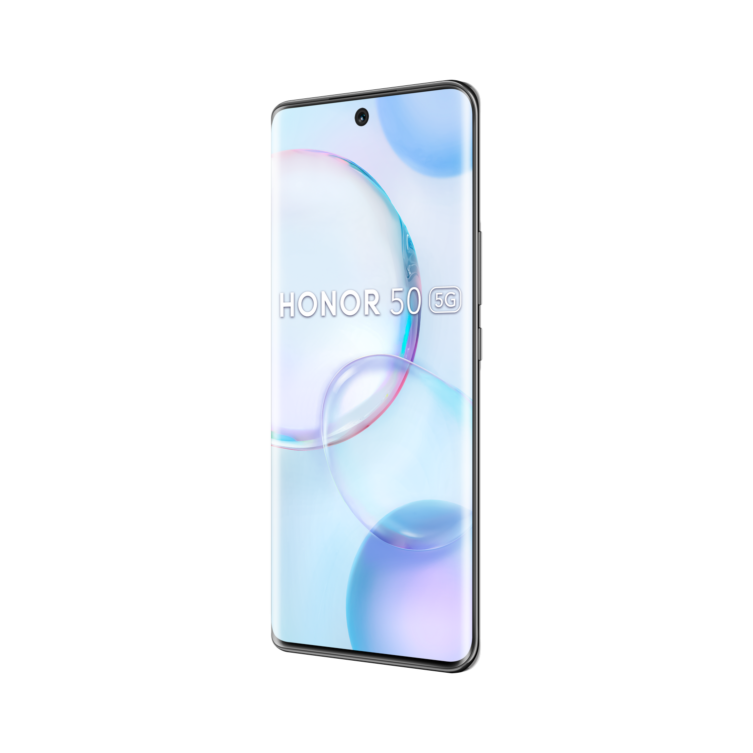 Smartphone con pantalla curva, primer plano, sobre fondo negro.