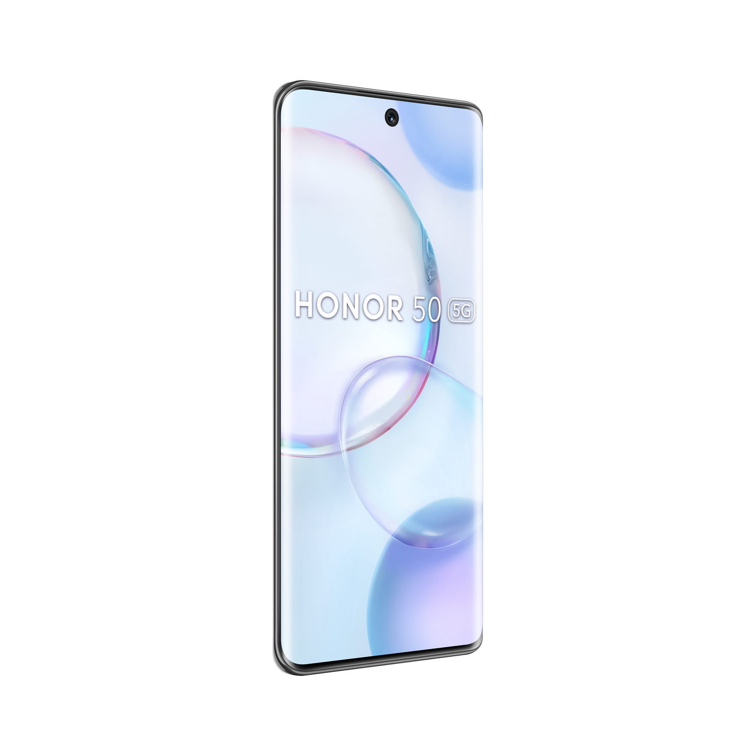 Un teléfono negro Honor 50 5G con una pantalla curva que muestra un fondo rosa y azul.