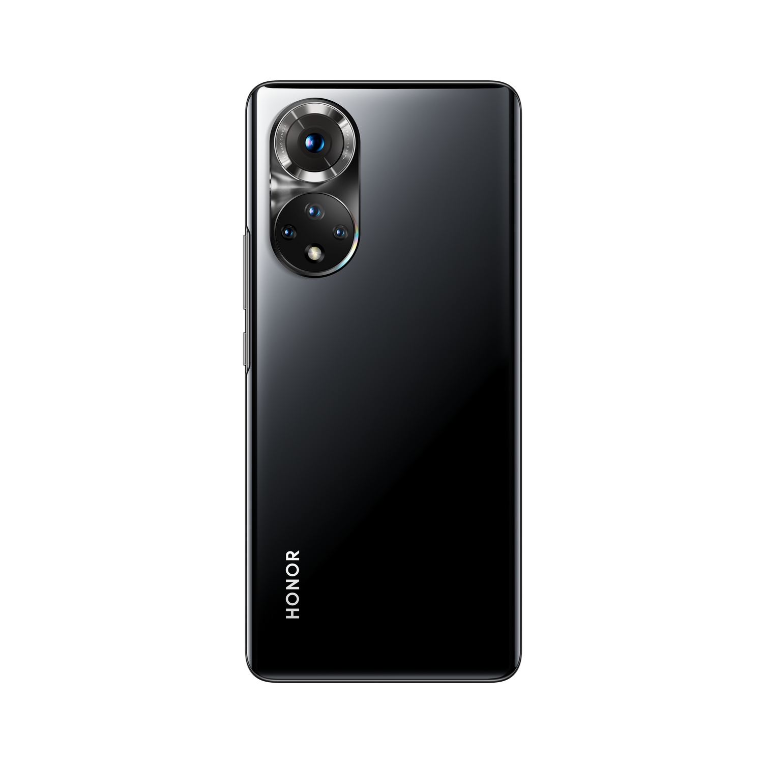 Smartphone HONOR negro sobre fondo negro. El teléfono tiene varias cámaras y el logo HONOR.
