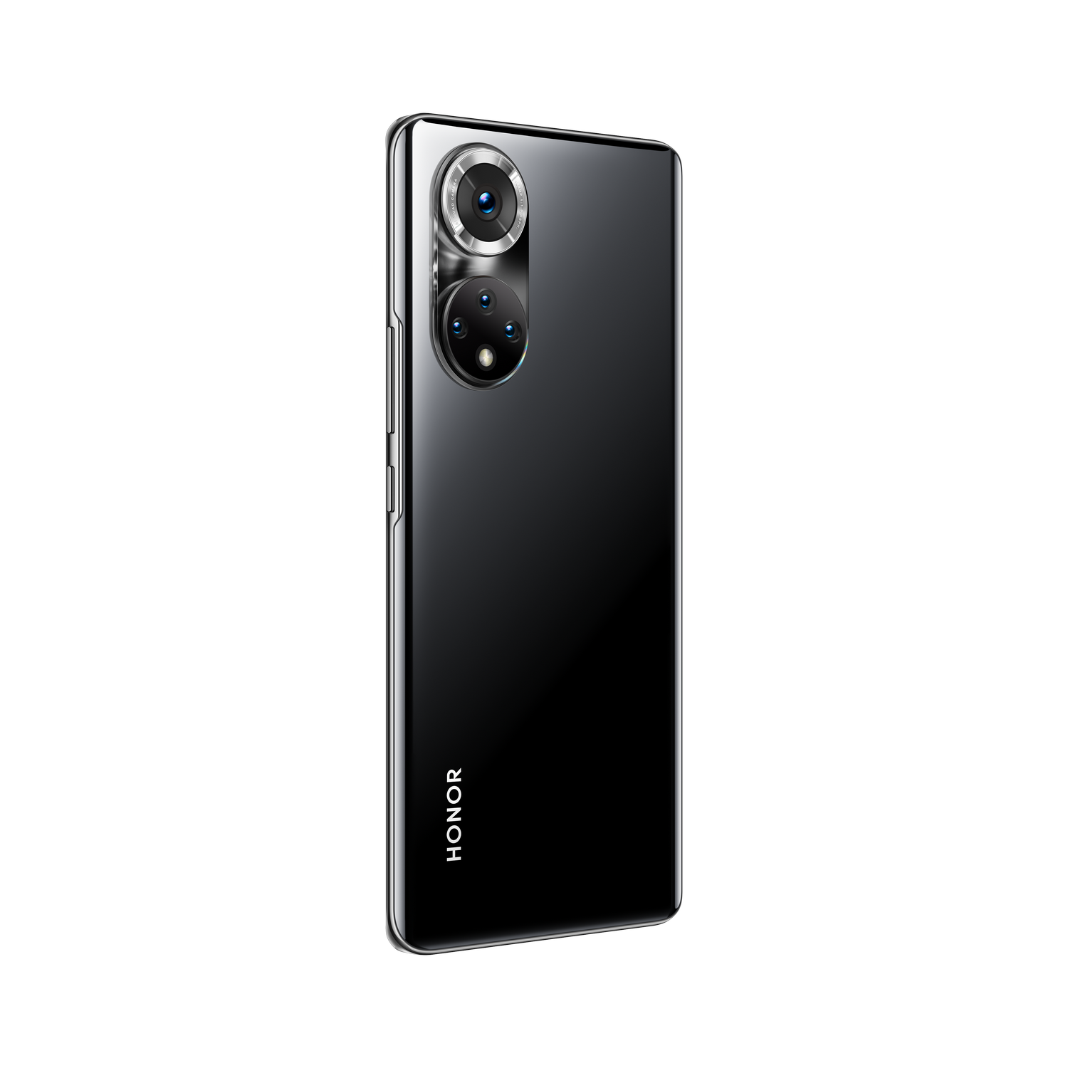 Un smartphone HONOR negro. Cuenta con un conjunto de cámaras y el logo de HONOR.