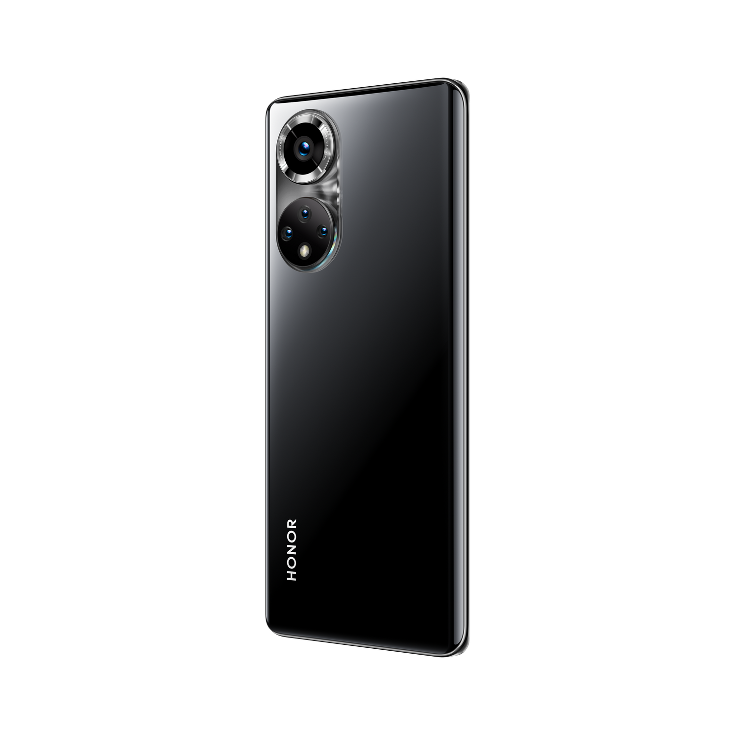 Smartphone negro sobre fondo negro. Cuenta con cámaras duales y la marca HONOR.