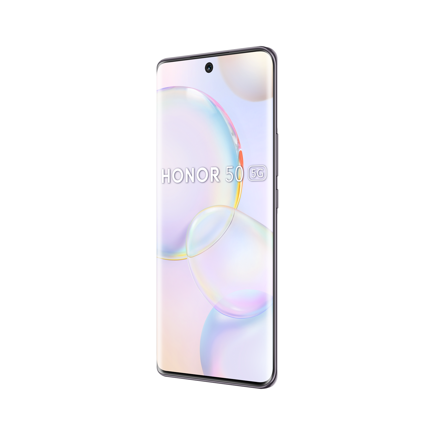 Un teléfono inteligente moderno, Honor 50 5G, se muestra en ángulo, con un fondo negro y burbujas coloridas.