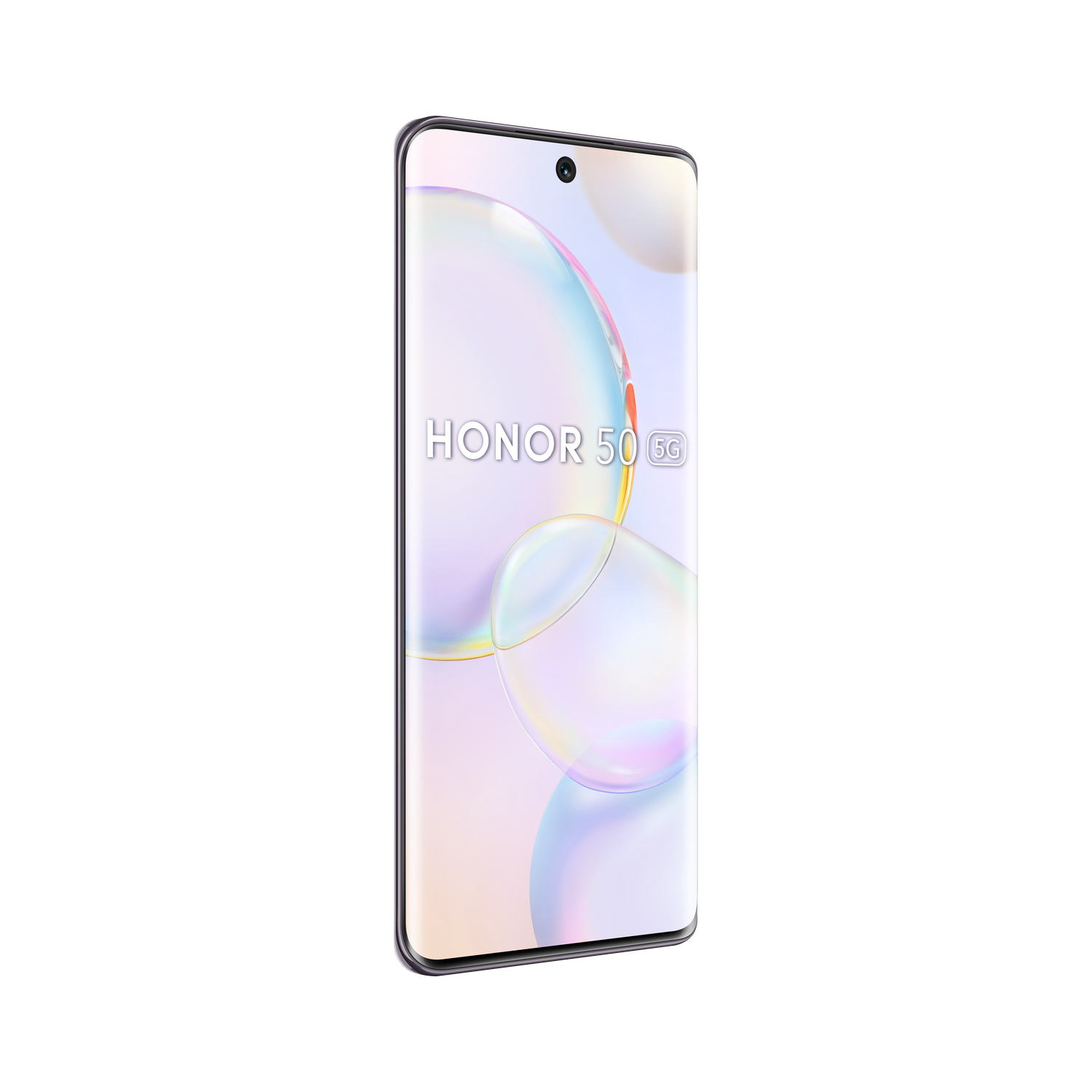 Smartphone Honor 50 5G, mostrando la pantalla. Es una pantalla curva sobre un fondo negro.