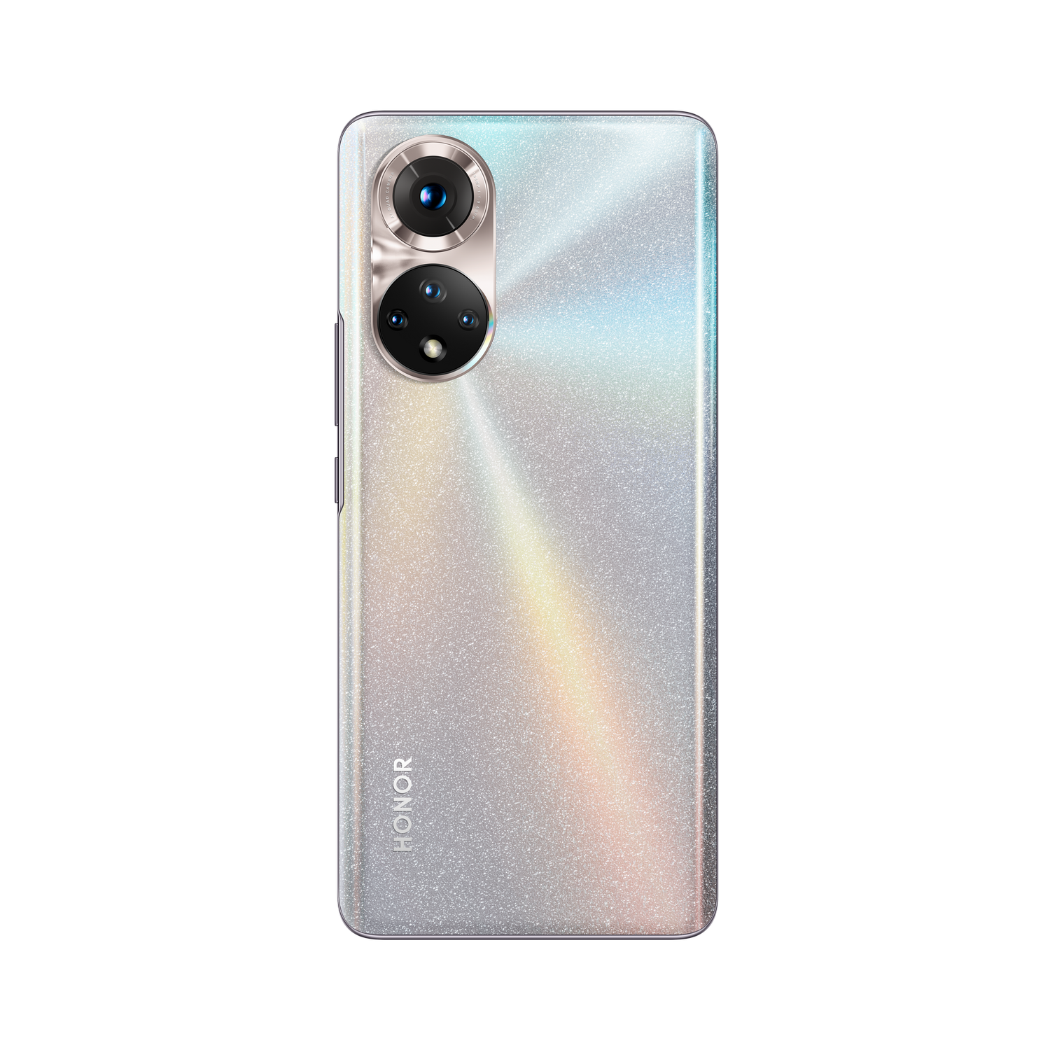 Un smartphone plateado con una parte trasera brillante, con múltiples cámaras.