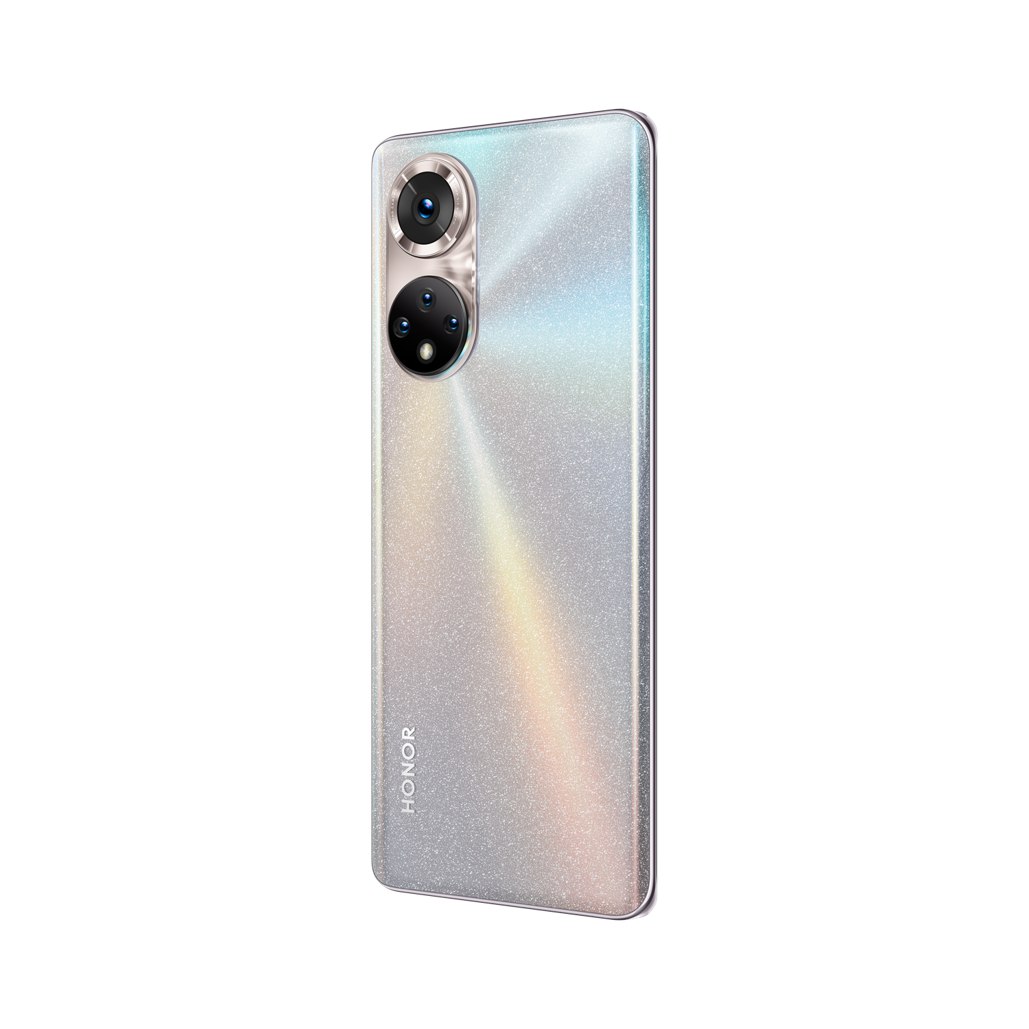 Un teléfono HONOR plateado, mostrando la parte trasera con dos cámaras y superficie brillante.