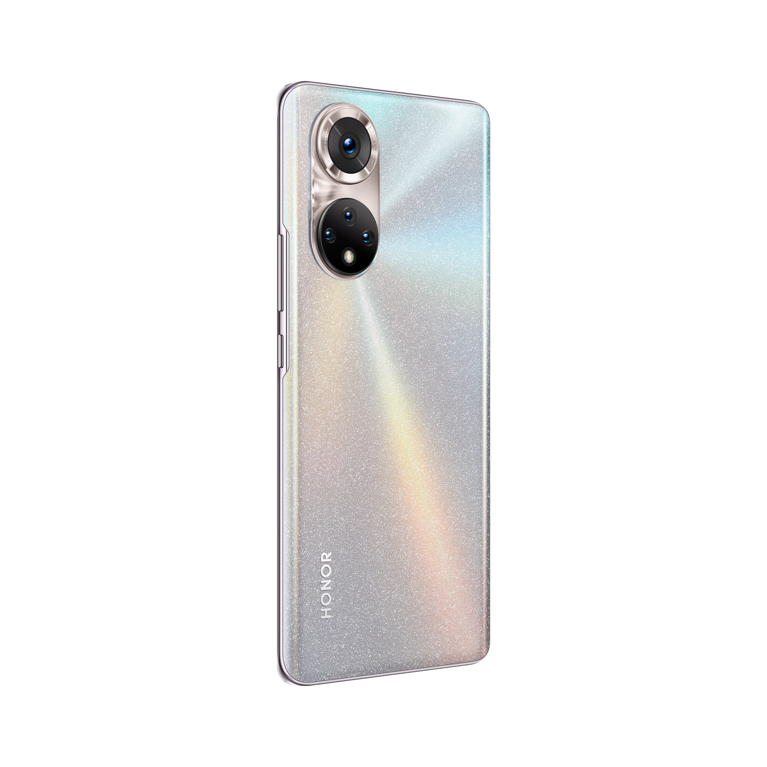 Teléfono Honor plateado, mostrando la parte trasera, con cámaras duales.