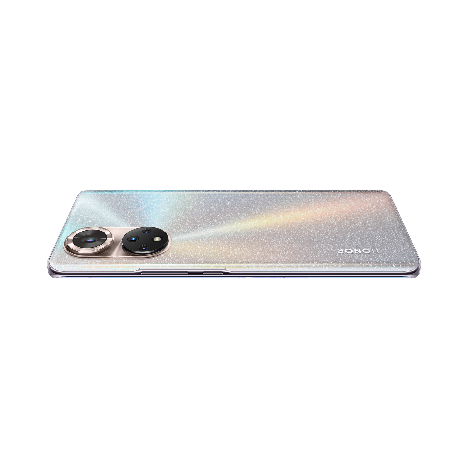 Smartphone HONOR plateado, cámara dual, fondo negro. HONOR visible en la parte trasera.