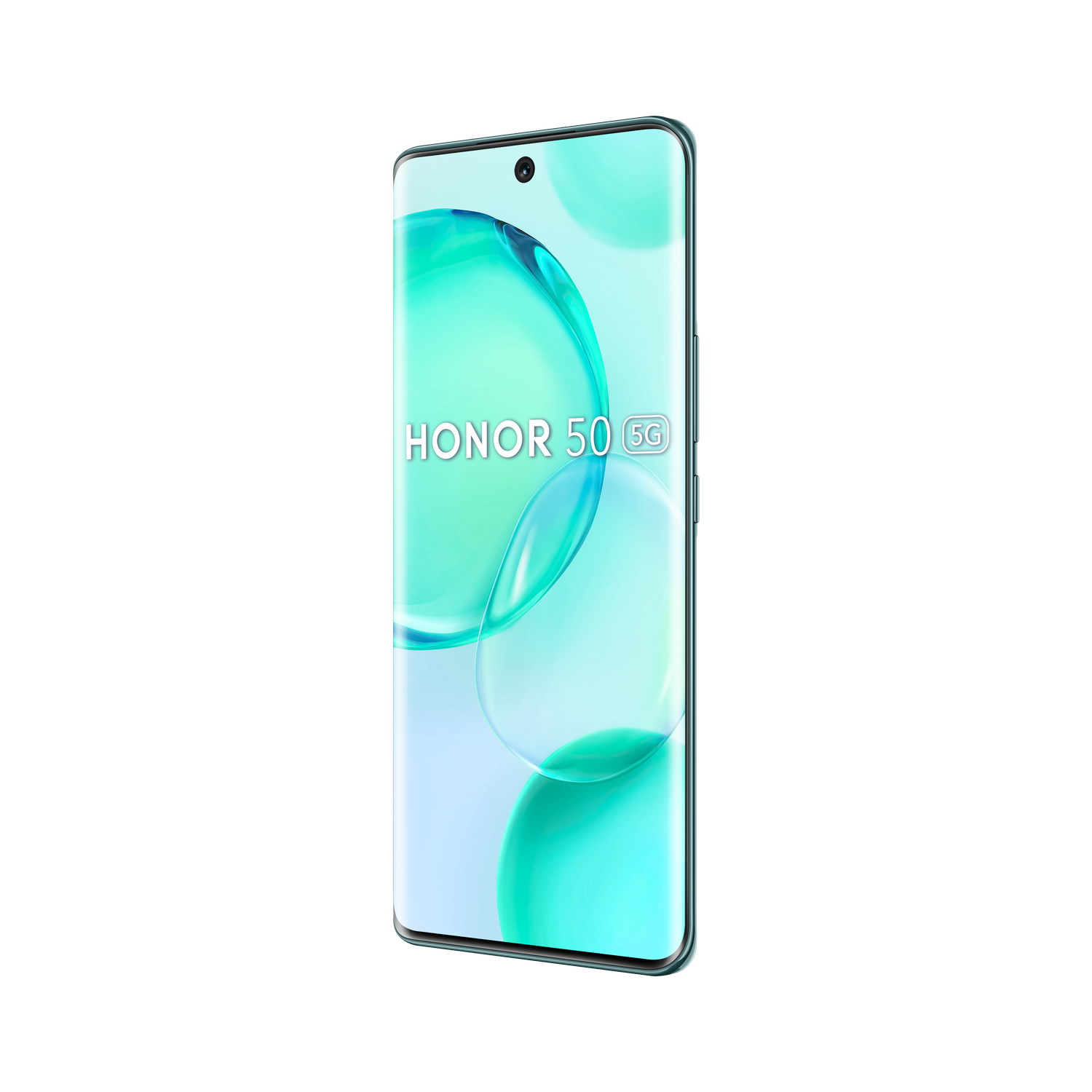 Un teléfono inteligente con pantalla curva, la pantalla muestra un fondo de agua turquesa con burbujas.