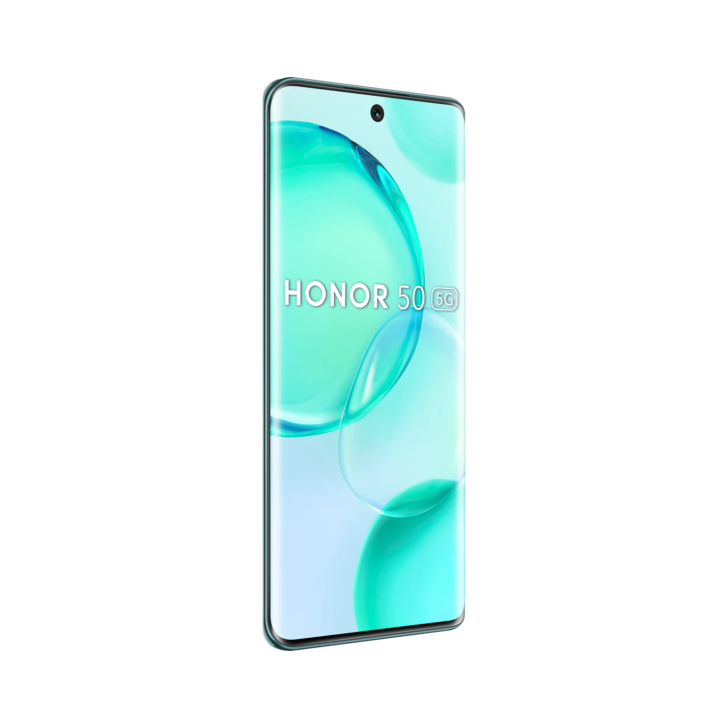 Un teléfono HONOR 50 5G sobre un fondo negro.
