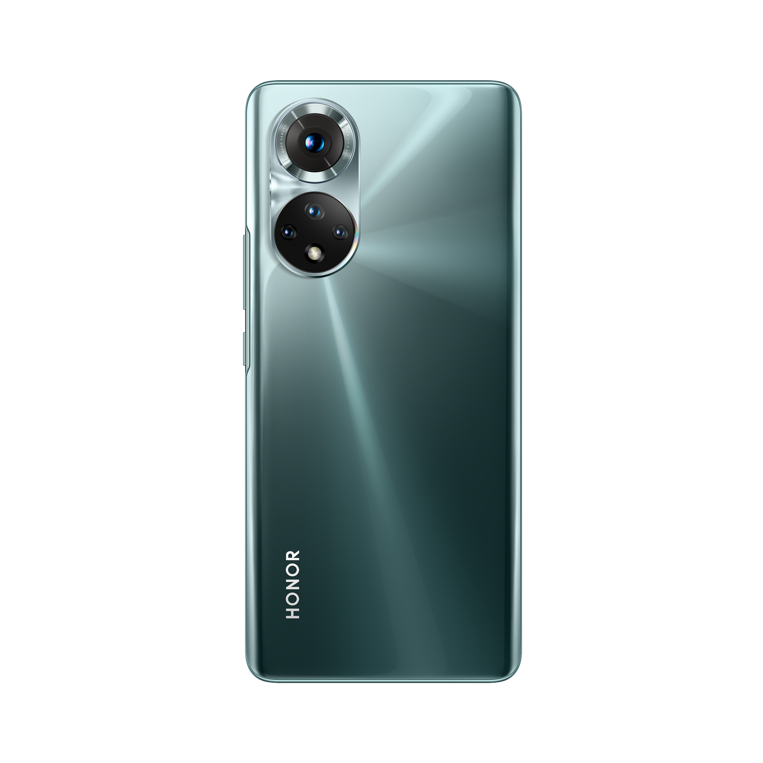 Un teléfono HONOR de color verde azulado, vista trasera, con tres cámaras.