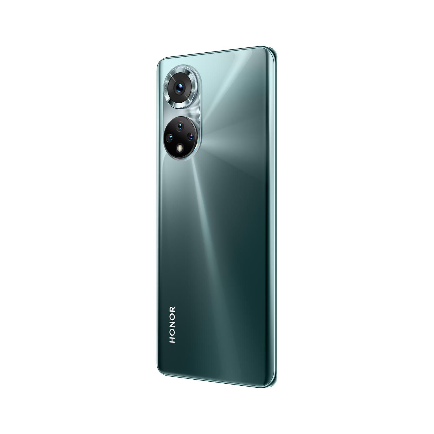 Smartphone verde con configuración de cámara dual en la parte trasera, fondo negro.