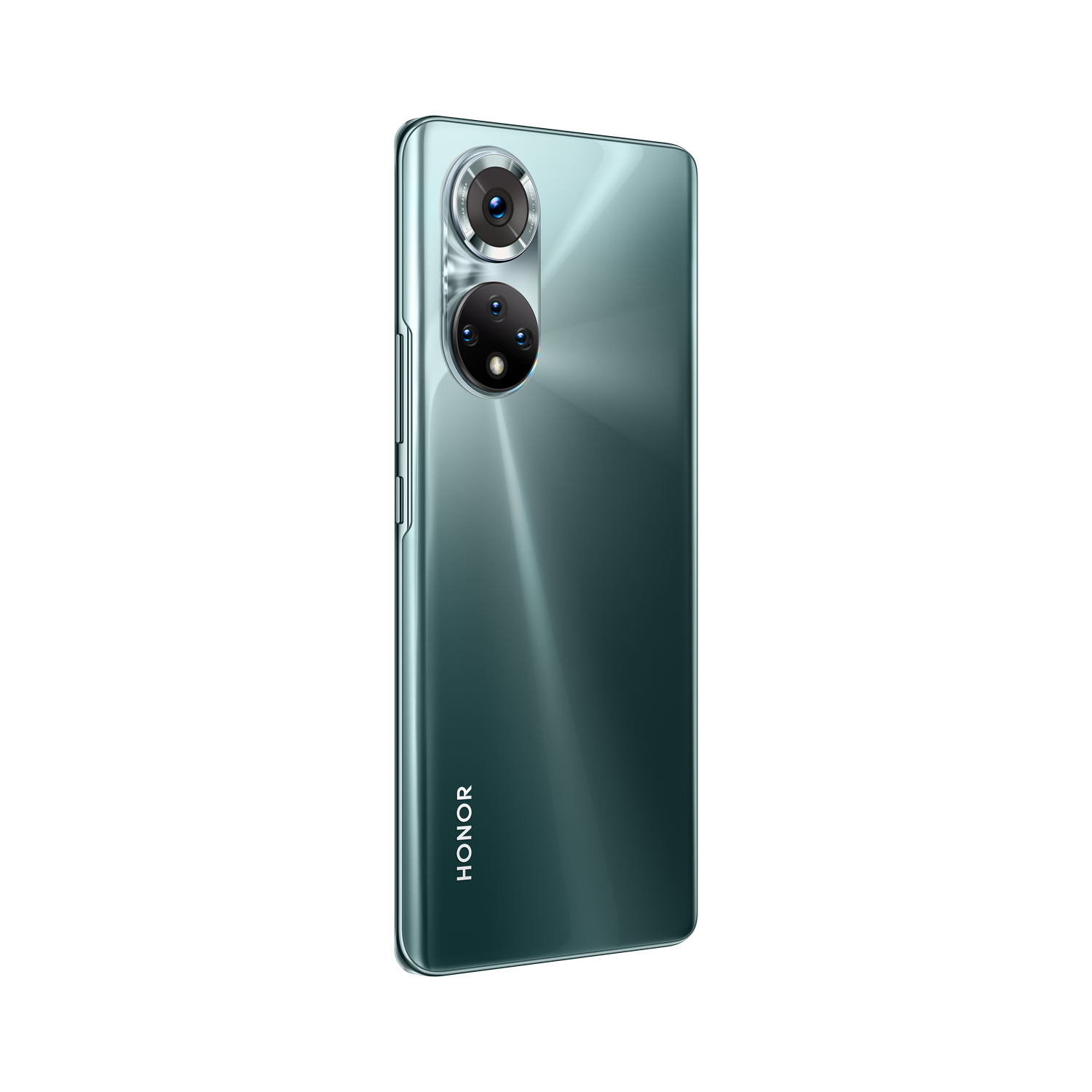 Un teléfono HONOR verde, con una cámara de doble lente, mostrado desde atrás.