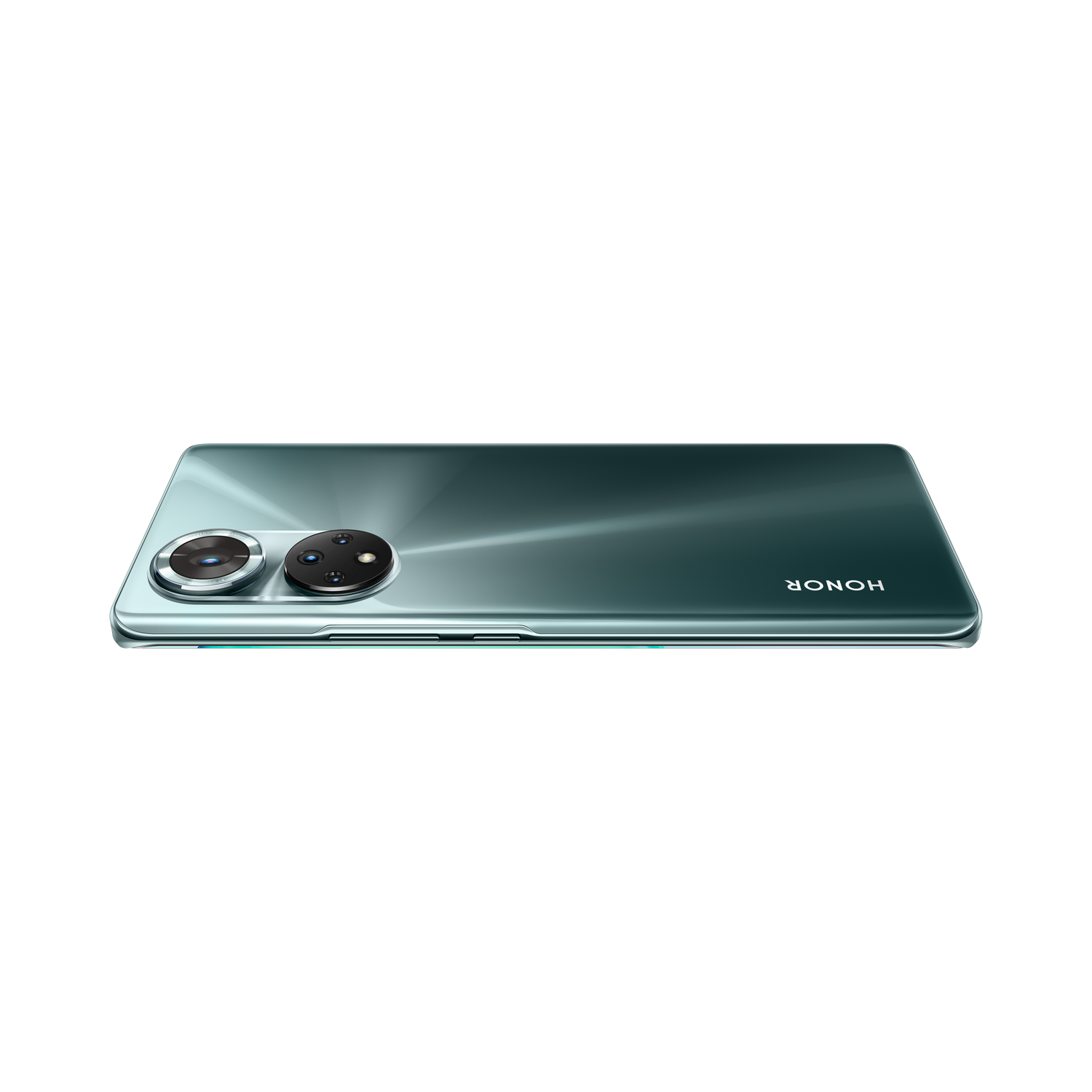 Teléfono inteligente verde con cámara sobre fondo negro.