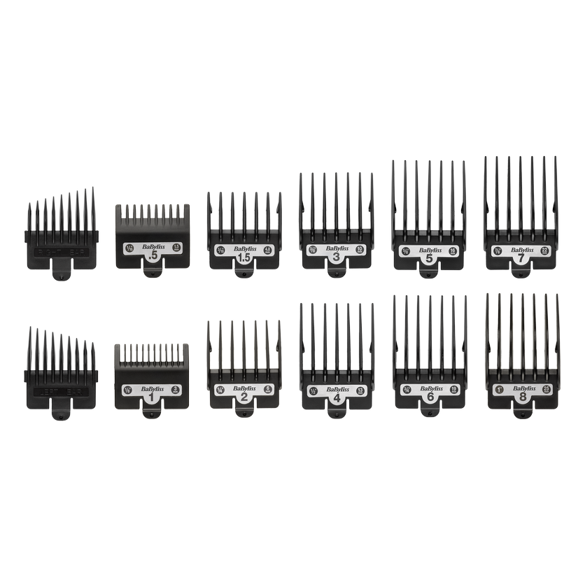 Multiple hair clipper attachments. They are black with white numbers, displayed against a white background.