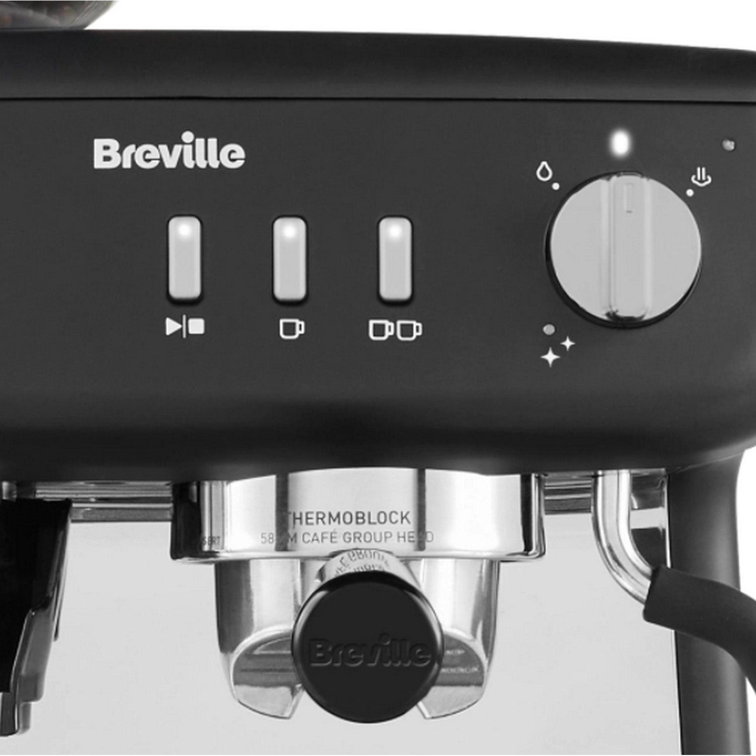 Primer plano de una máquina de espresso Breville negra con botones y dial de vapor.