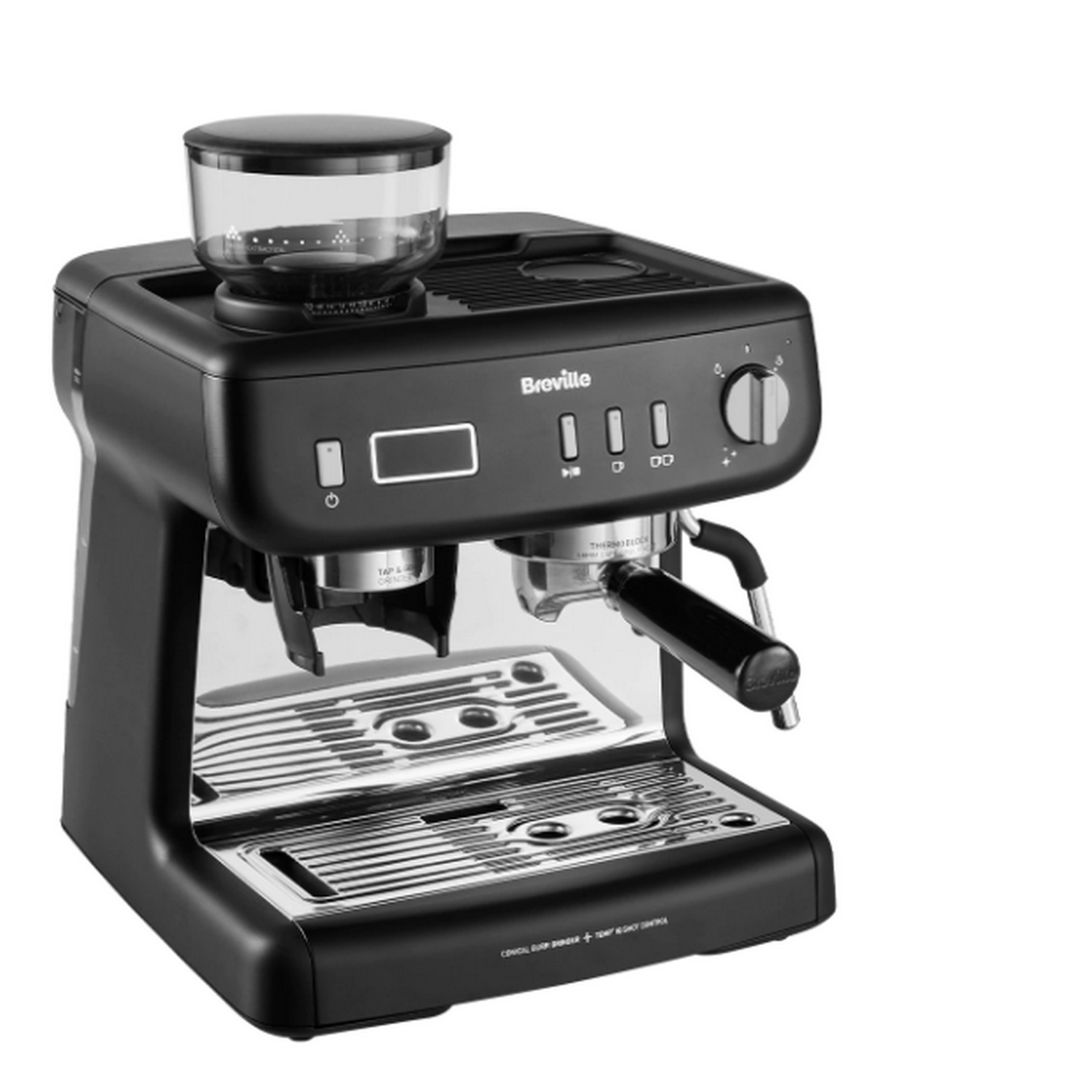 Máquina de espresso negra con molinillo arriba, detalles en acero inoxidable y bandeja de goteo.