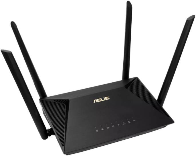 Fekete ASUS router, négy antennával, szürke háttéren.