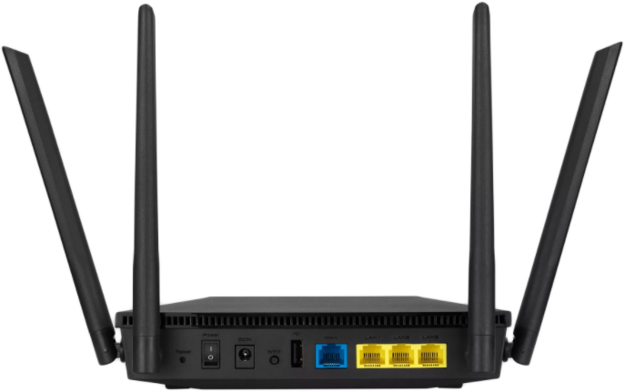 Egy fekete vezeték nélküli router antennákkal, a hátulján portok, a bekapcsológomb és LAN portok láthatók.