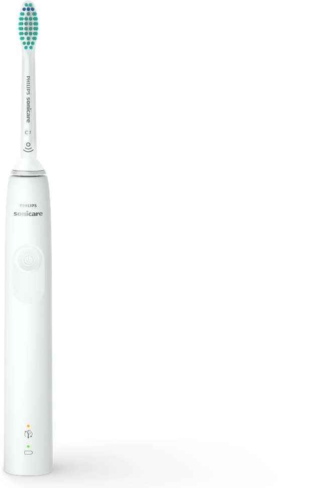Fehér Philips Sonicare elektromos fogkefe. Kék és zöld sörték. Bekapcsológomb. Fehér háttéren.