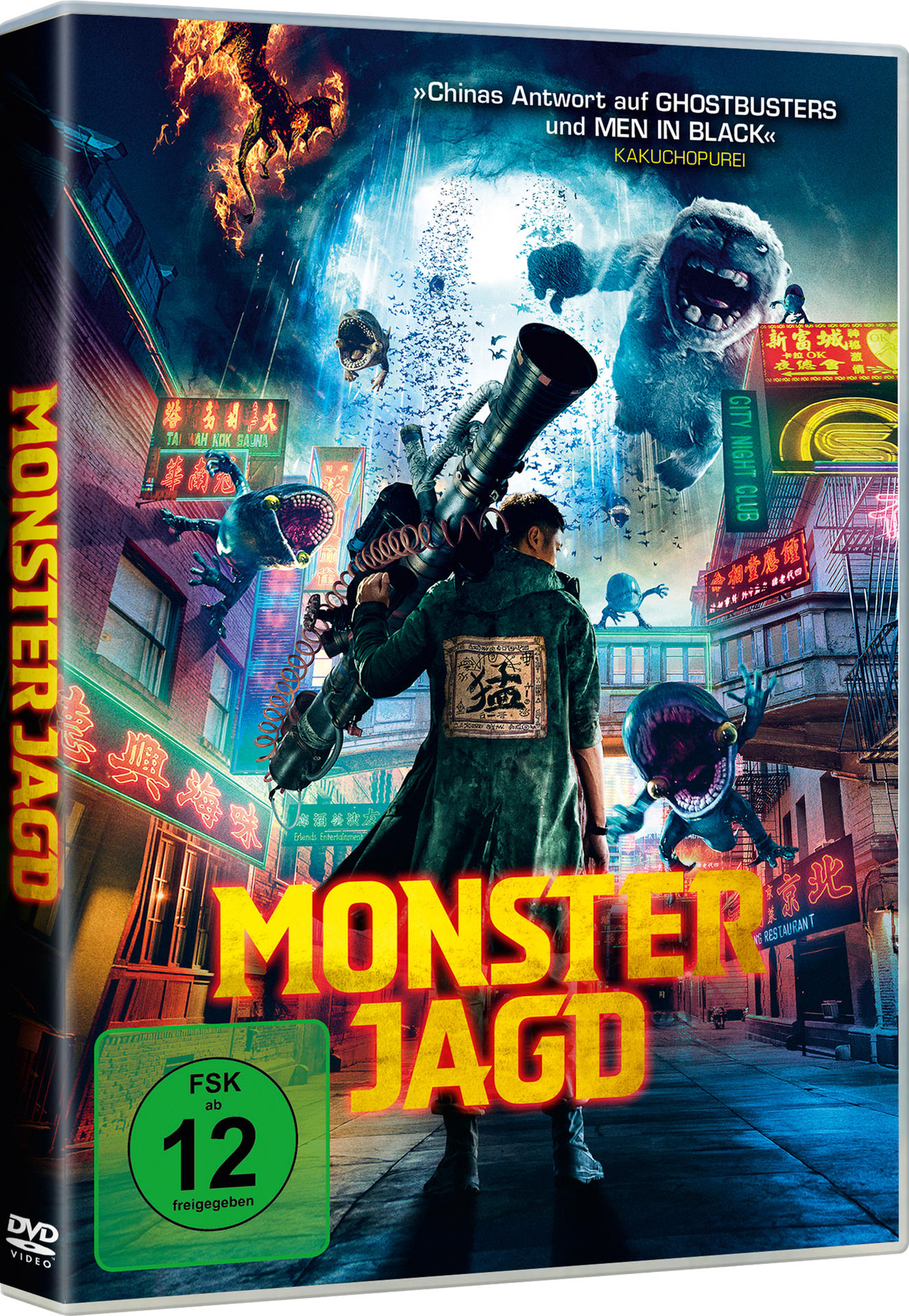 DVD-Cover eines Films mit dem Titel 'Monster Jagd', Mann mit Waffe.