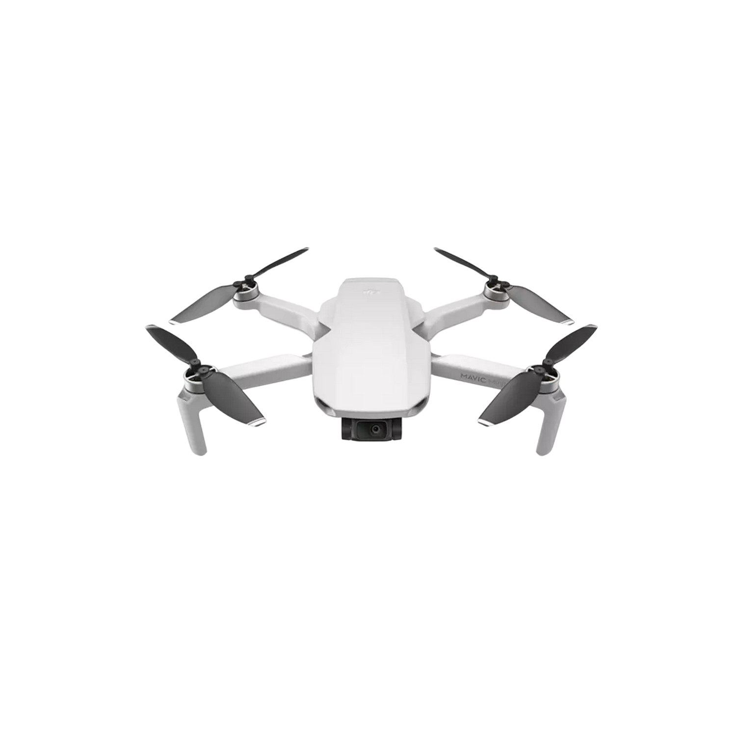 Dron blanco con cuatro hélices, aspas negras y una cámara en la parte delantera.