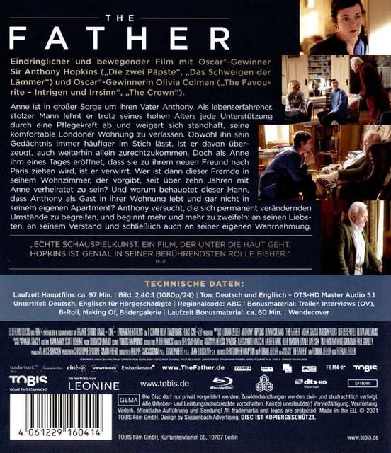 DVD-Cover von The Father. Mit Anthony Hopkins und Olivia Colman. Text über den Film.