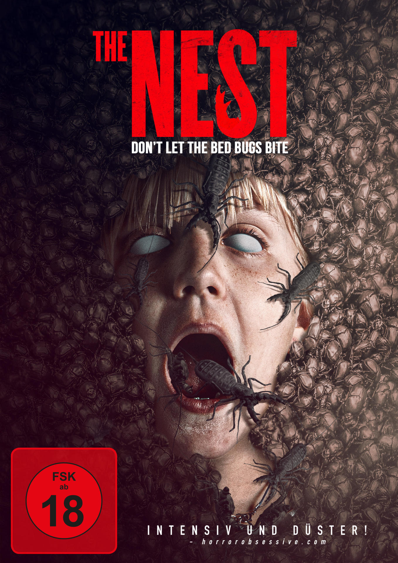 Filmcover. Eine verängstigte Frau mit Insekten, die auf sie zukriechen. Dunkler, Horror-Hintergrund.