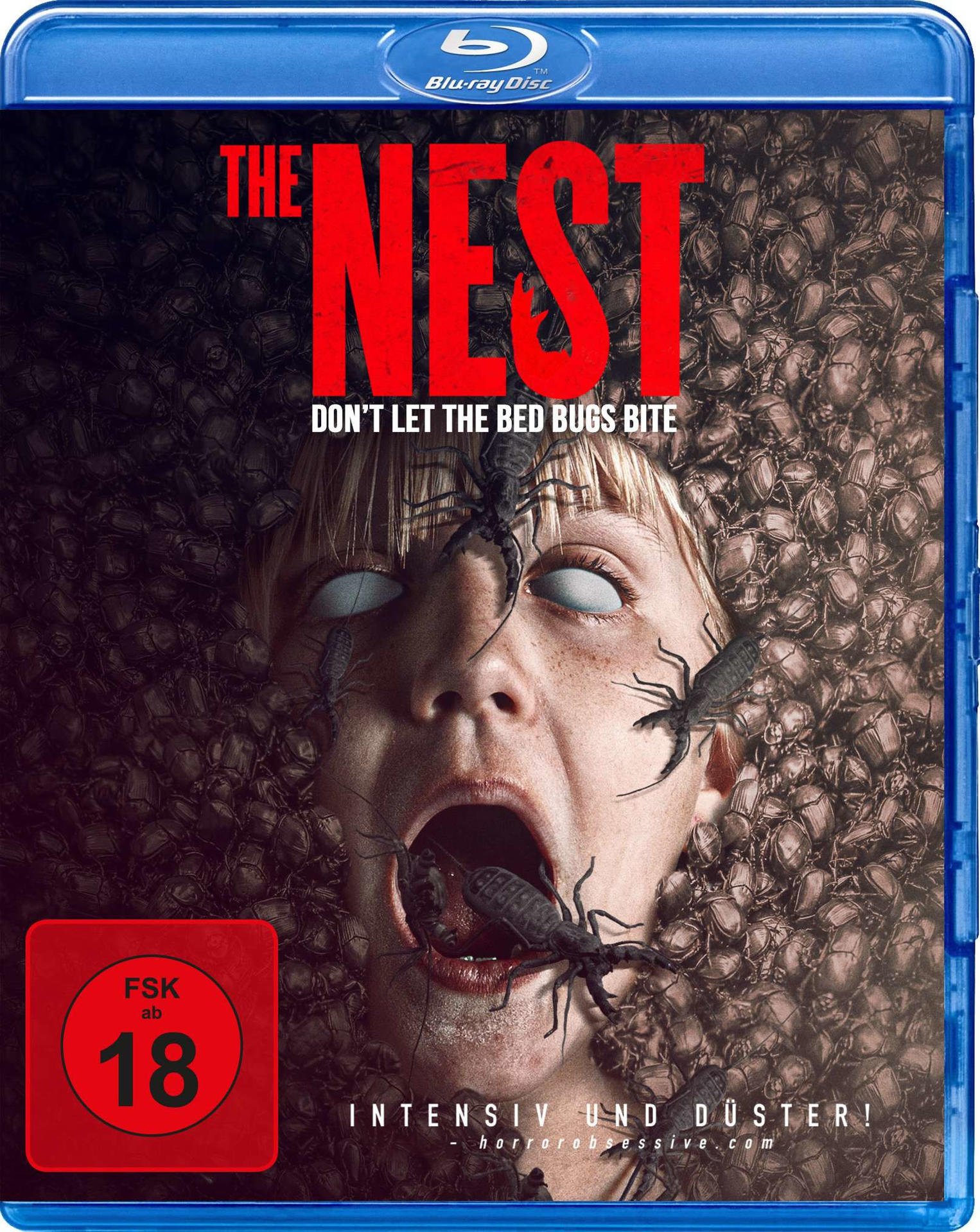Blu-ray-Cover für einen Horrorfilm mit schreiendem Gesicht, Käfern und dem Titel 'The Nest'.
