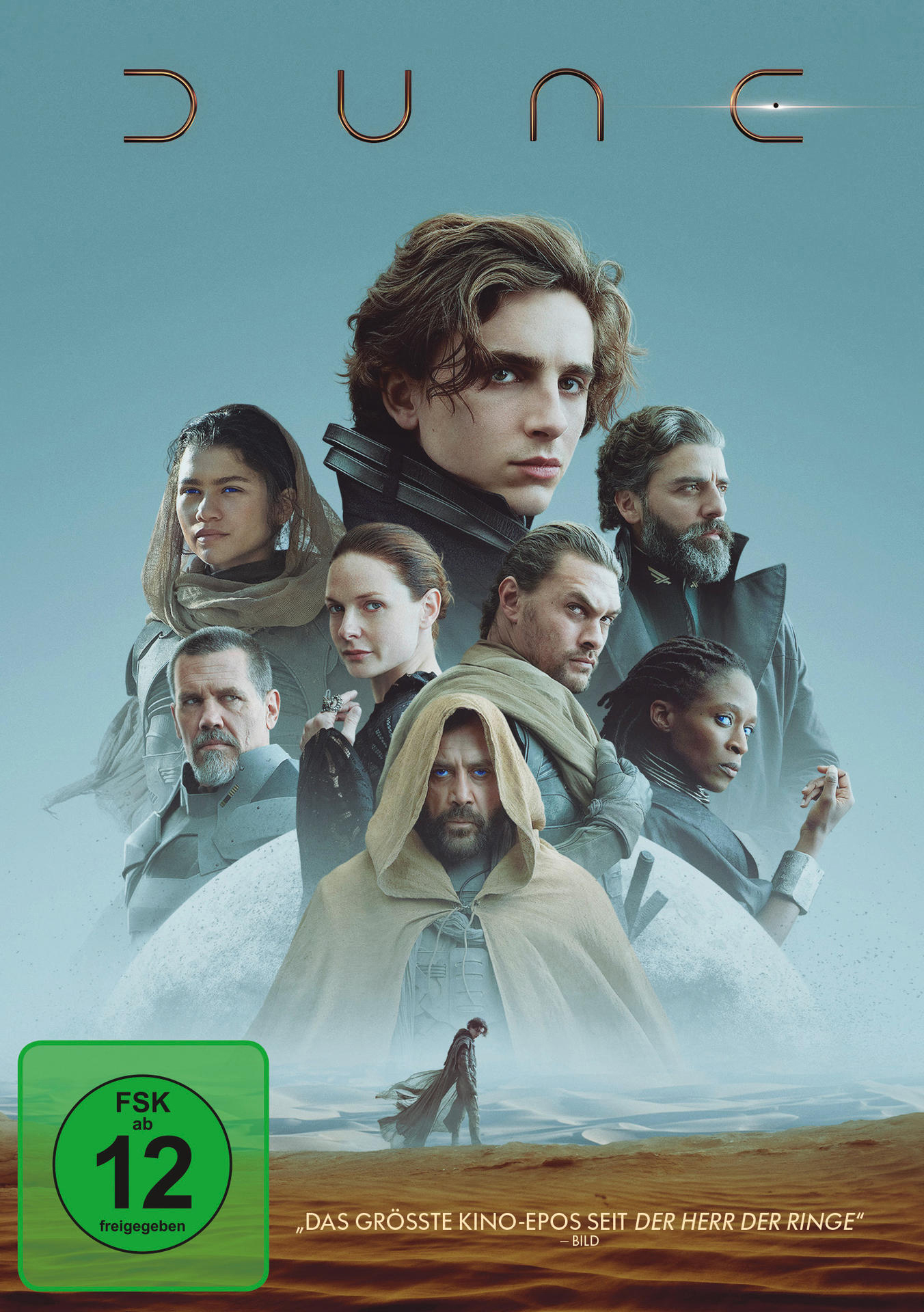 Dune-Filmplakat mit mehreren Schauspielern. Titel 'Dune' oben, Schauspieler in der Mitte, Slogan unten.