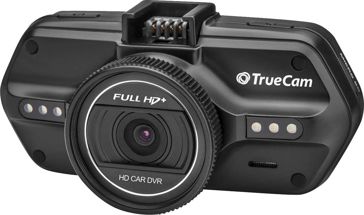 Fekete TrueCam dashcam lencsével és gombokkal.