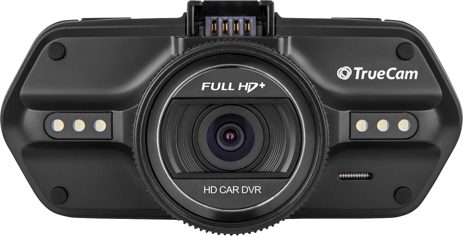 Fekete TrueCam HD autós DVR. Kamerát és a 'FULL HD+' feliratot mutatja. Fehér háttér.