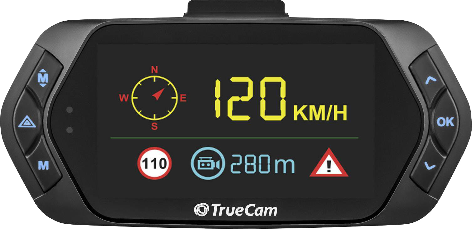 Fekete fedélzeti kamera kijelző, 120 km/h sebességgel, ikonokkal.