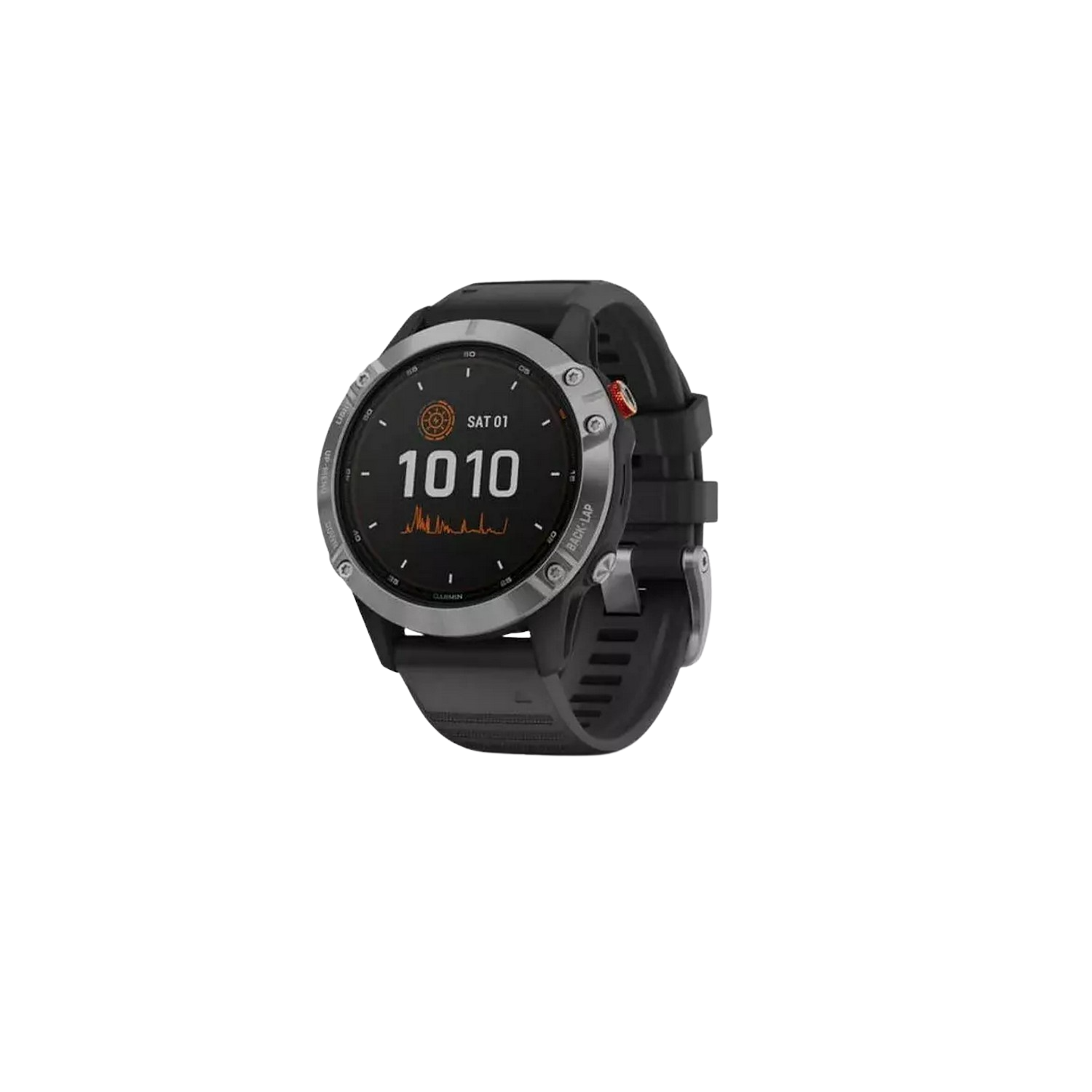 Reloj Garmin negro con pantalla digital, sobre fondo negro.