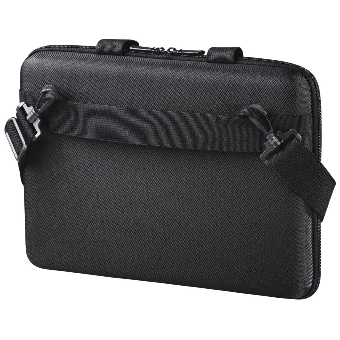 Schwarze Laptoptasche mit Schultergurt. Reißverschluss. Zwei Clips und schwarzer Gurt für Schulter.