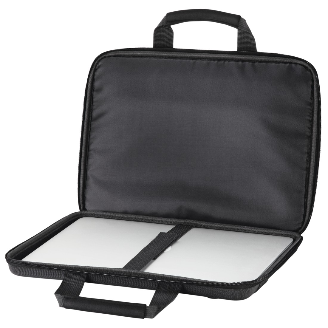 Schwarze Laptoptasche, geöffnet, um ein leeres Fach für einen Laptop und einen Riemen zu zeigen.