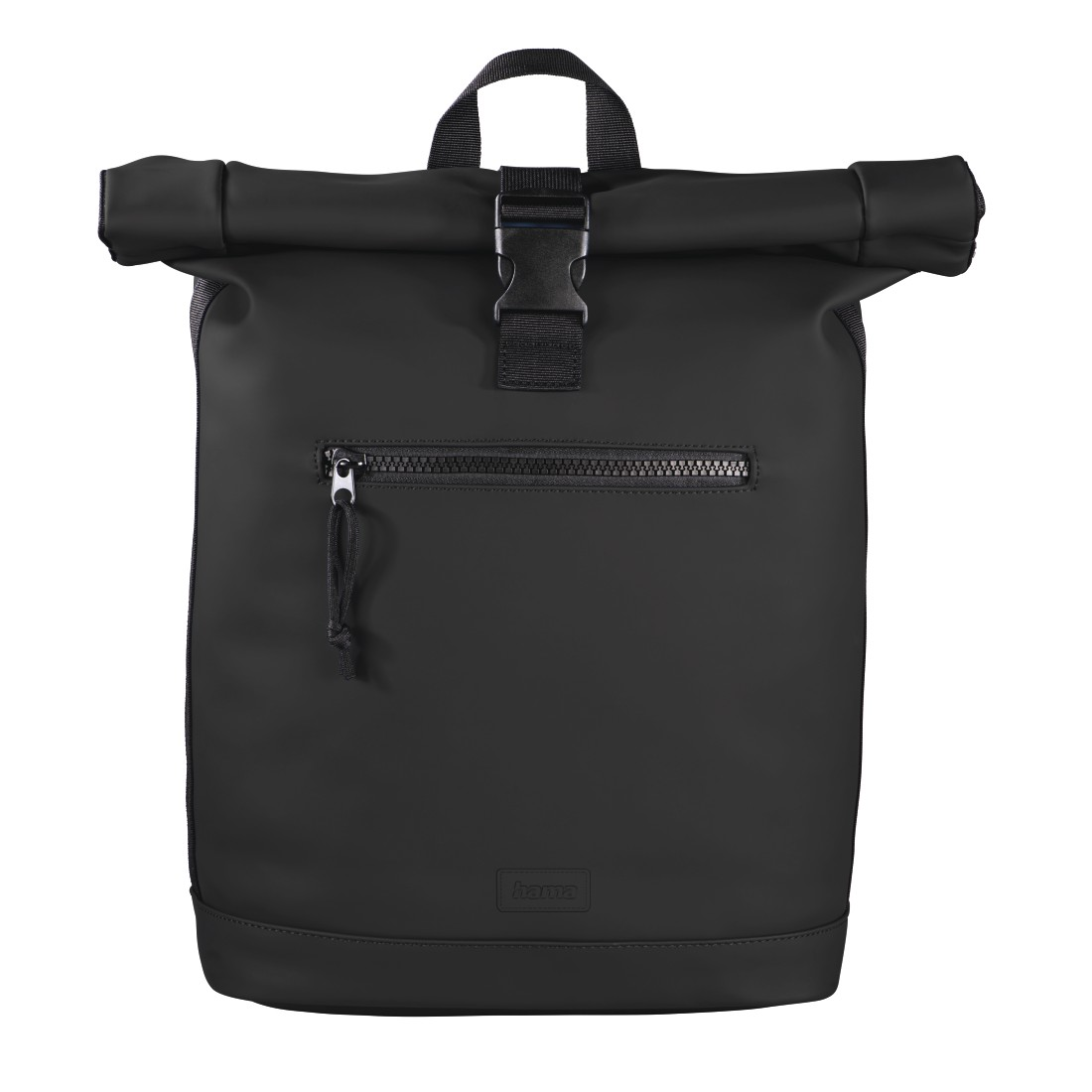 Ein schwarzer Roll-Top-Rucksack mit Reißverschlusstasche und Schnallenverschluss. Er hat den Markennamen 'hama'.