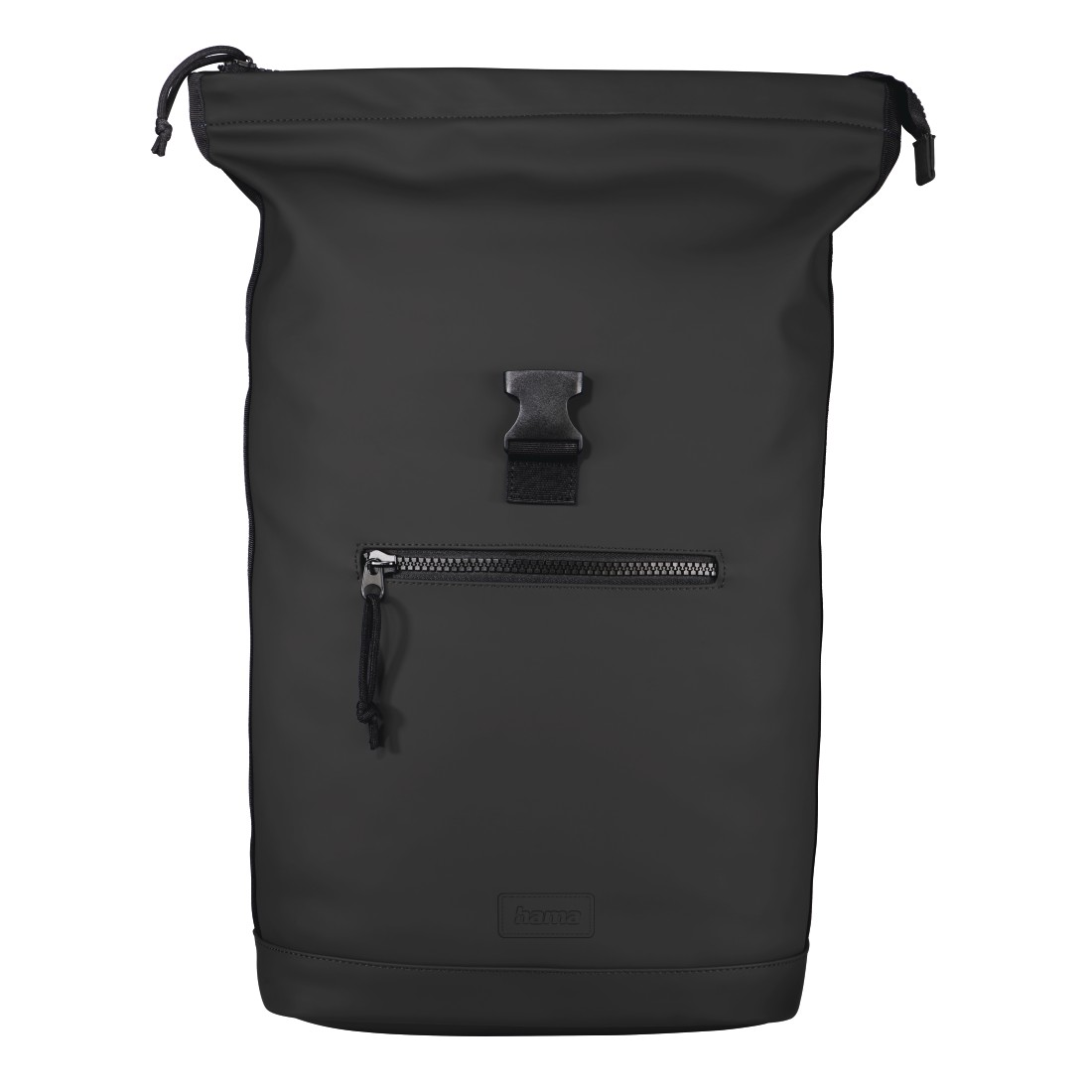 Schwarzer Roll-Top-Rucksack mit Schnalle und Reißverschluss.