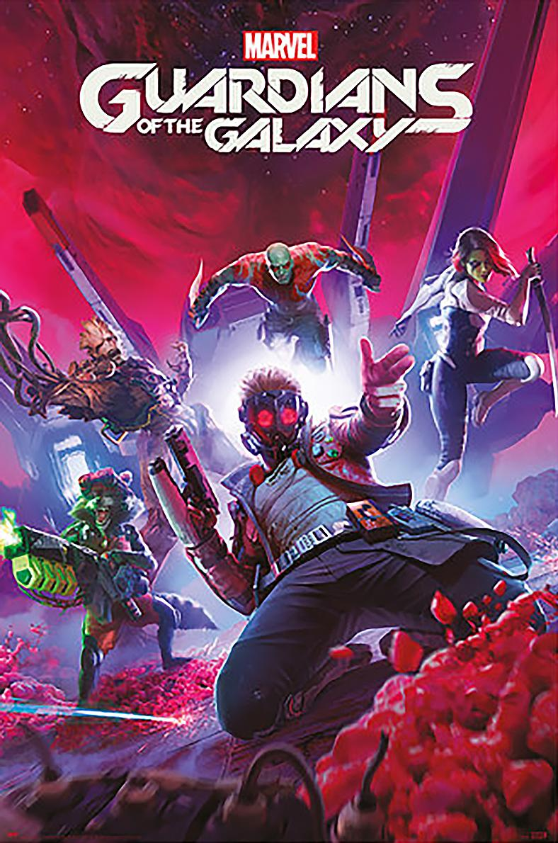 Guardians of the Galaxy Filmplakat. Charaktere in Aktion mit rotem und lila Hintergrund.