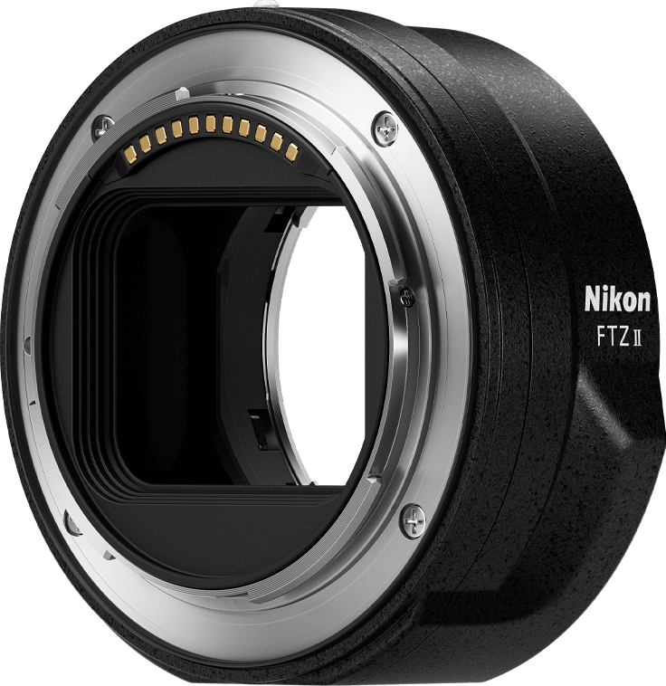 Adaptateur d'objectif Nikon FTZ II noir, montrant la monture et les contacts.