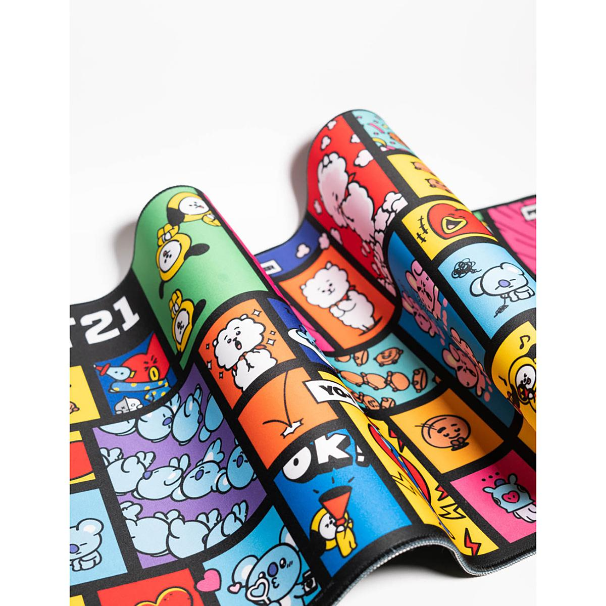 Eine bunte Matte im Cartoon-Stil mit Bildern von Cartoonfiguren in Comic-Layout.