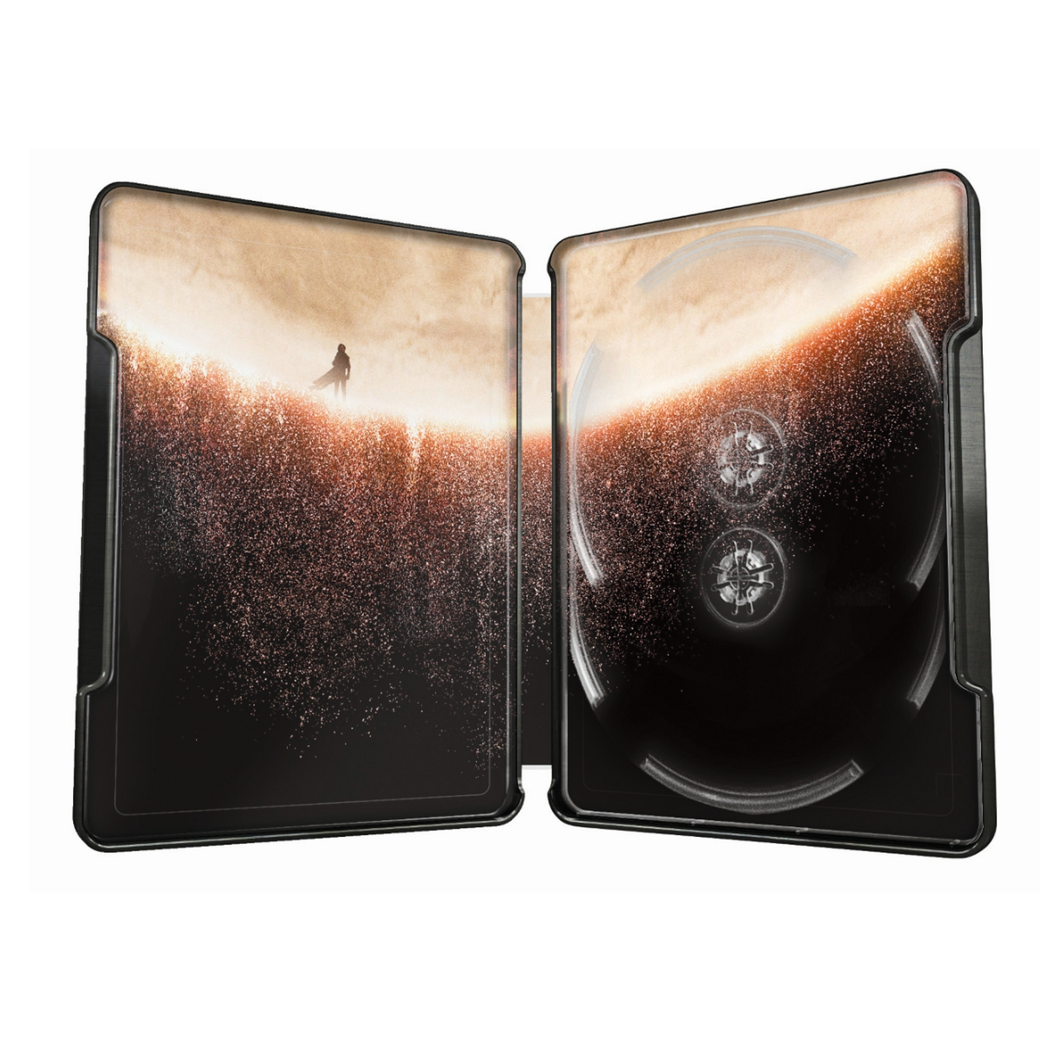 Una caja de DVD abierta con una persona en una colina. El interior es oscuro.