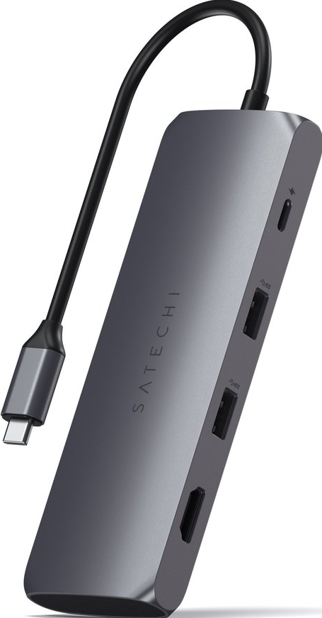 Hub USB-C Satechi gris avec ports et câble noir.