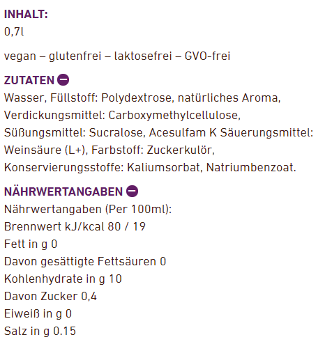 Text mit Zutaten, Nährwertangaben und Inhaltsdetails.
