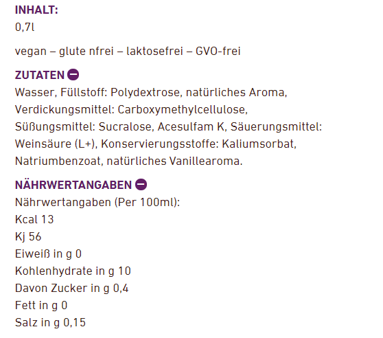 Nährwerttabelle für ein Getränk. Enthält Werte für Energie, Protein, Kohlenhydrate und Fett.